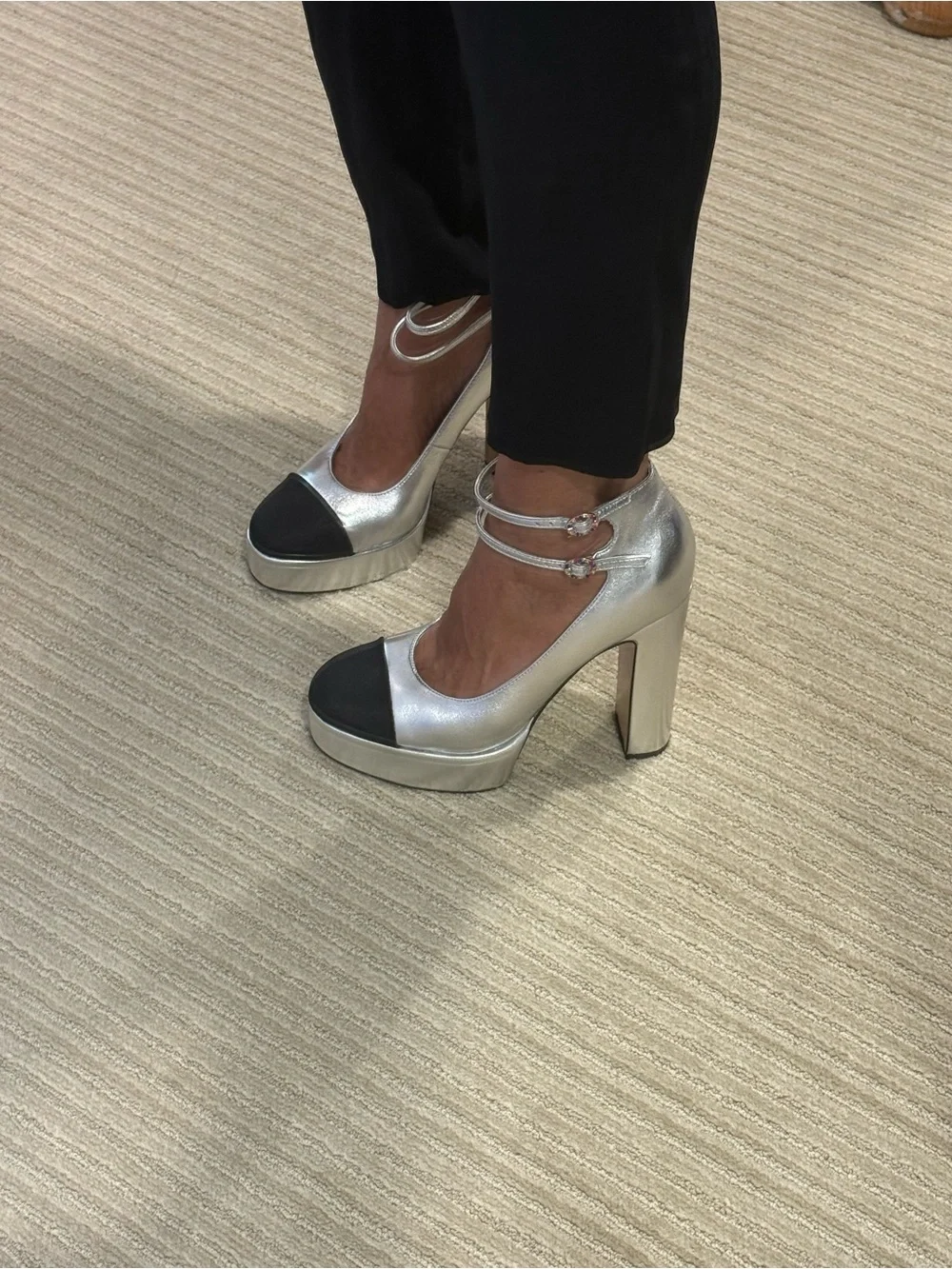 Steve Madden Silver Metallic Platform Heels with Black Cap Toe